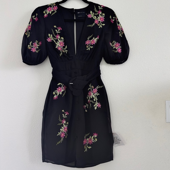NWT ASOS Design Mini Belted Puff Sleeve Embroidery Dress Chiffon Black Floral - Picture 5 of 11